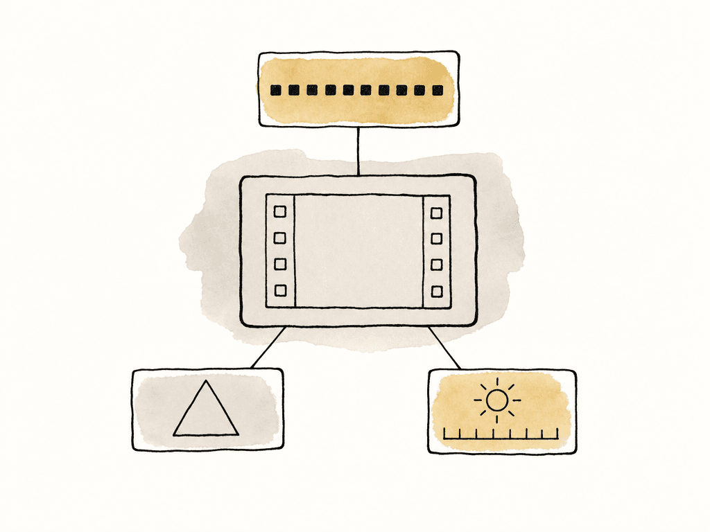 Hand drawn media file with three attached property tags showing bit depth blocks, a color triangle, and light metadata icons.