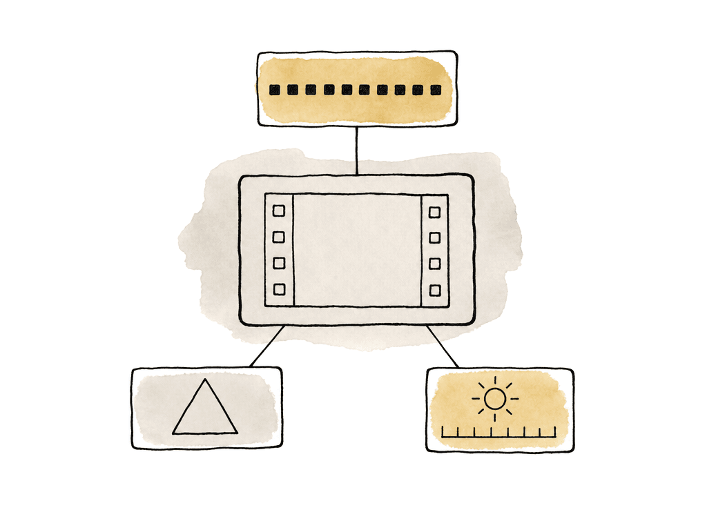 Hand drawn media file with three attached property tags showing bit depth blocks, a color triangle, and light metadata icons.