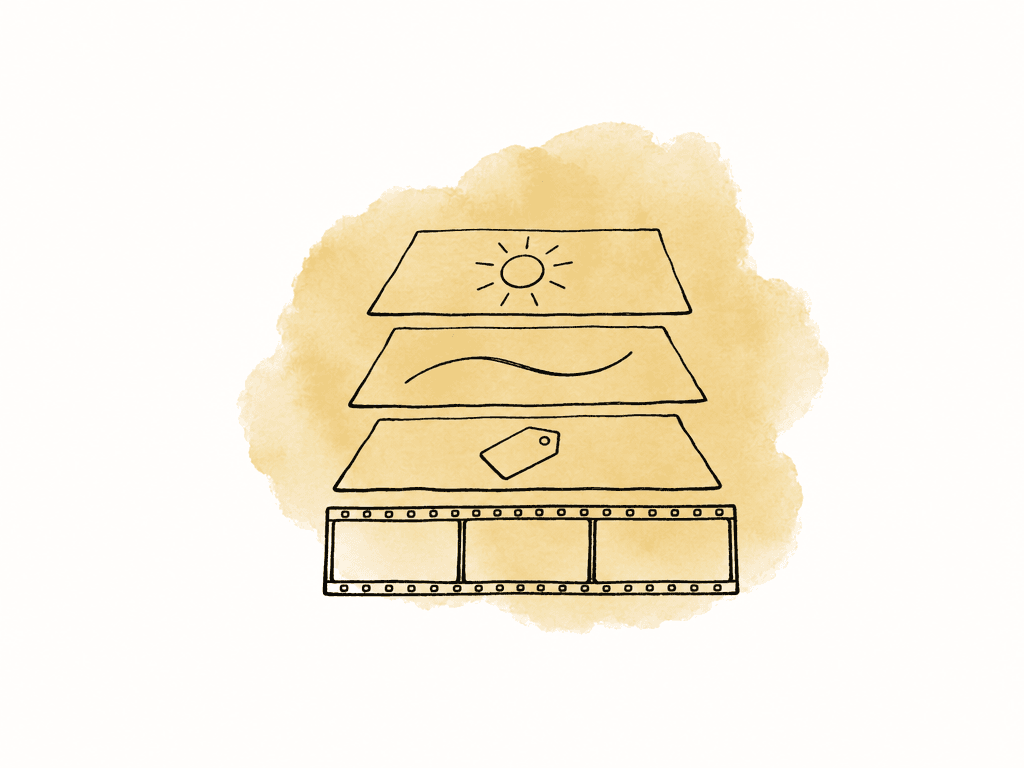 Hand drawn diagram of a video strip with several abstract HDR layers stacked above it.
