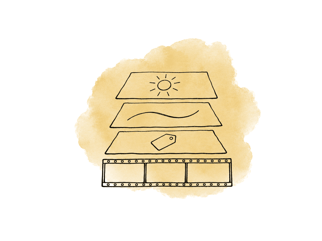 Hand drawn diagram of a video strip with several abstract HDR layers stacked above it.