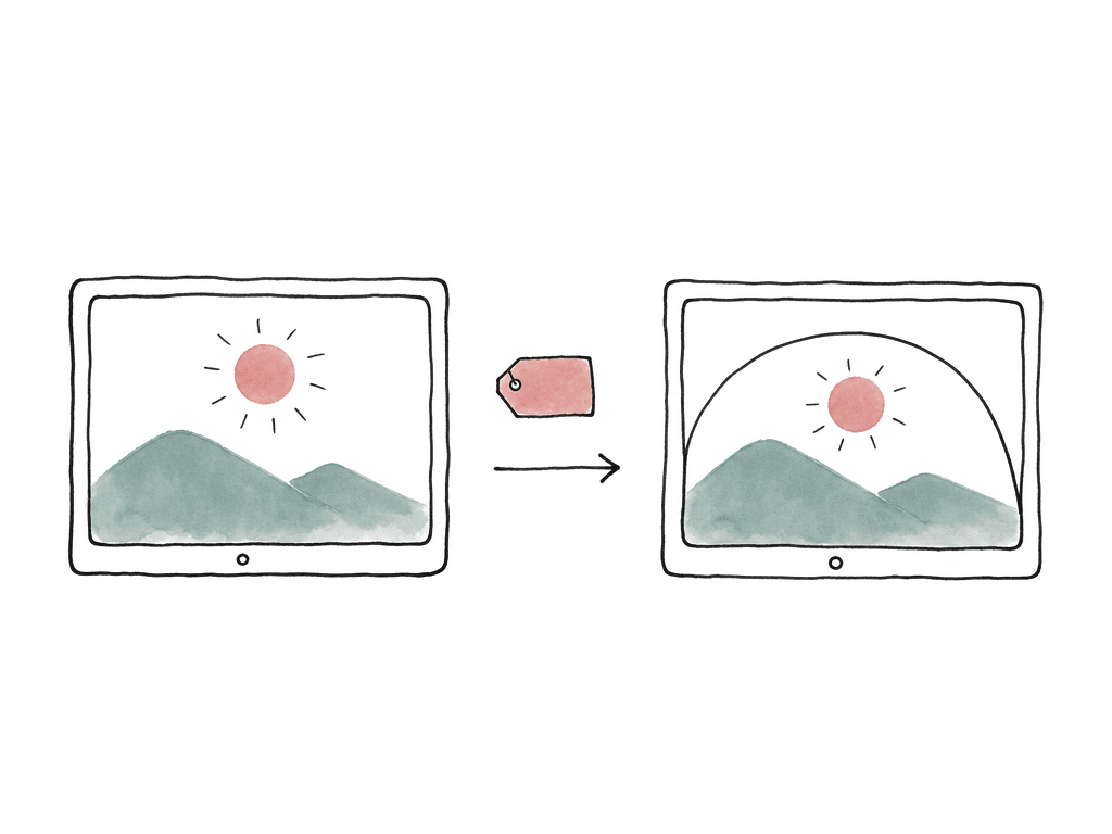 Hand drawn source screen sending a metadata tag to a TV screen where a bright sun is adjusted to fit the display.