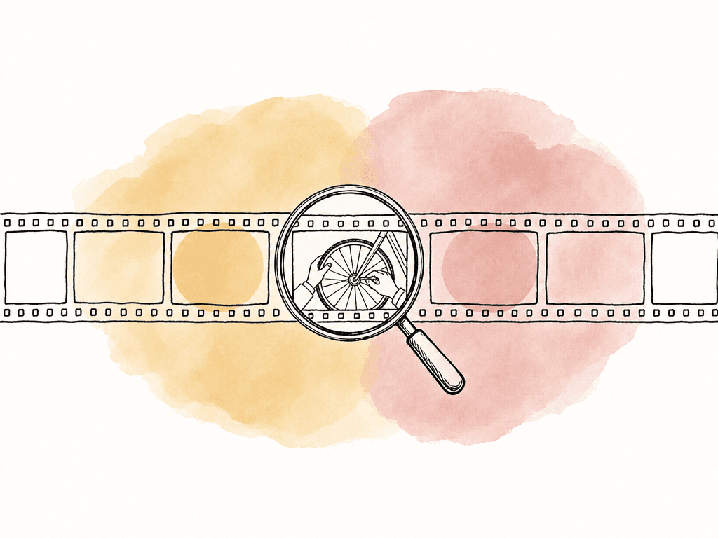 A long filmstrip with several highlighted moments and a magnifying glass over one bike repair shot.