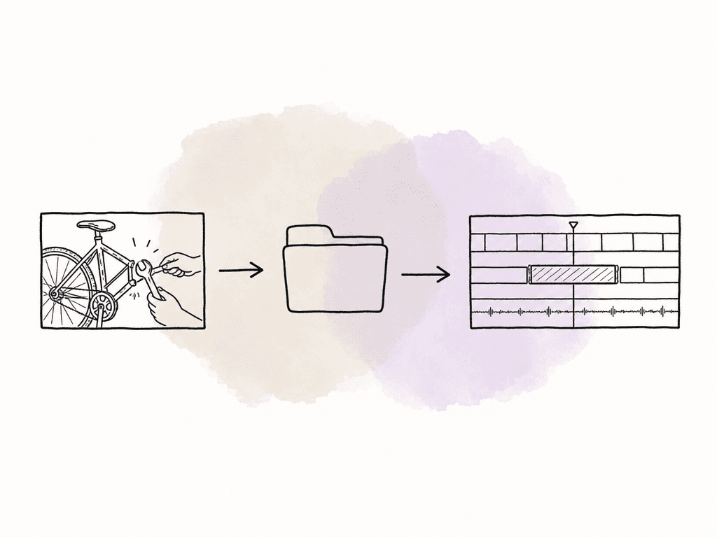 A selected video moment points to a source folder and then to a clip on an editing timeline.