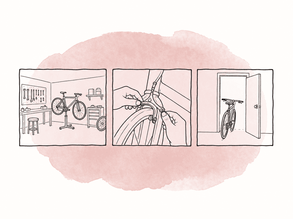 Three B-roll shot ideas: a workshop, hands on a bike brake, and a bike leaving a doorway.