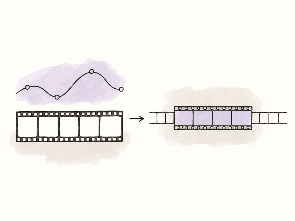 Hand drawn process showing a film strip with a wavy retime curve becoming a single rendered film strip segment with handles in a timeline.