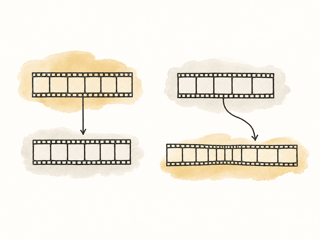Hand drawn diagram comparing a straight source frame sequence with a retimed sequence whose frames change spacing and order before reaching the timeline.