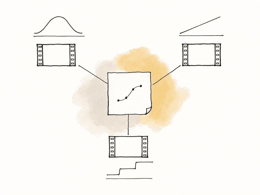 Hand drawn diagram of one blank instruction sheet branching into three film strips with different retime curve shapes.