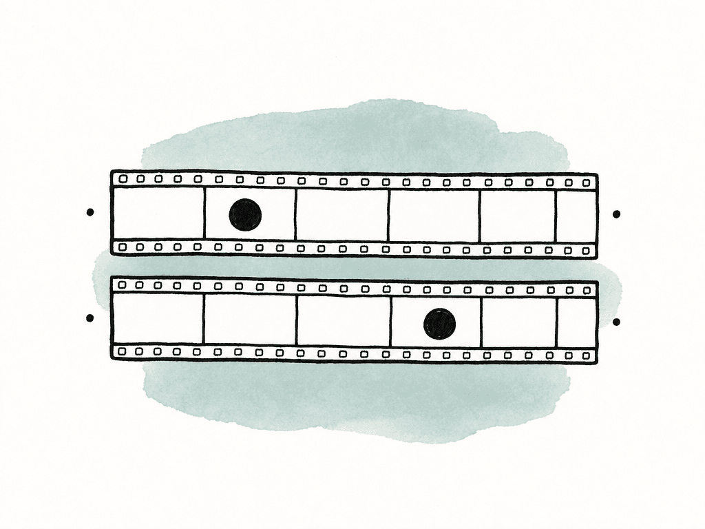 Hand drawn stacked film strips where the first and last frames align, but the middle action appears at different positions.