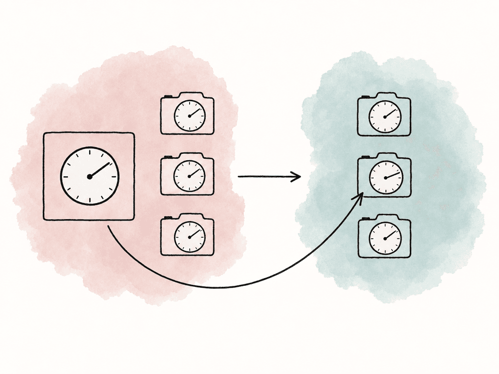 Camera clocks start aligned with a master generator, then one drifts and is brought back toward the master.