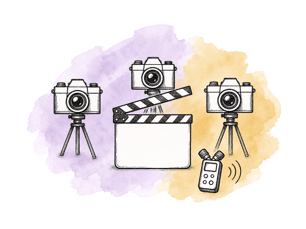Several cameras and an audio recorder capture a simple clap slate for a sync test.