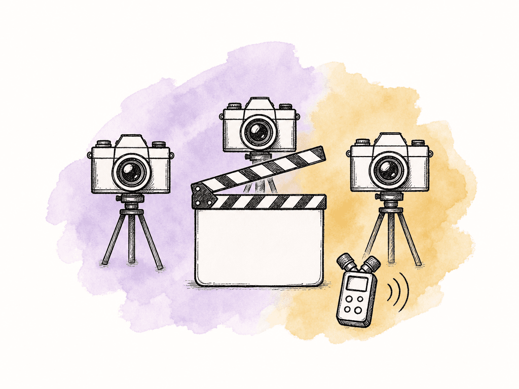 Several cameras and an audio recorder capture a simple clap slate for a sync test.