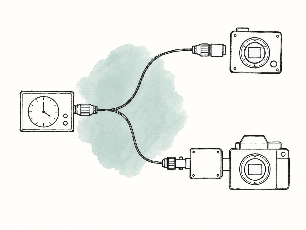 A timecode box feeding a camera through two different cable paths, one direct to the body and one through an expander.