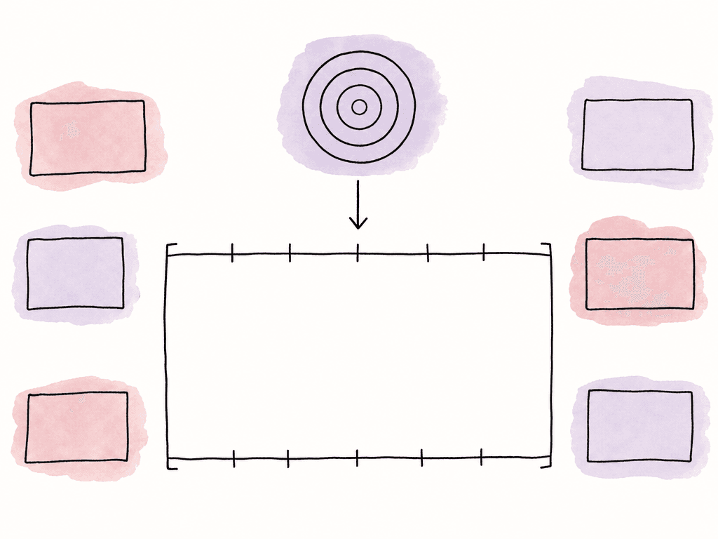 A doodle shows a delivery target guiding a central timeline frame, with several differently shaped source clips off to the side.