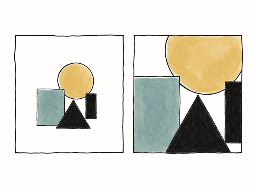 Two destination frames show the same simple image fitted with margins on one side and enlarged with cropped edges on the other.