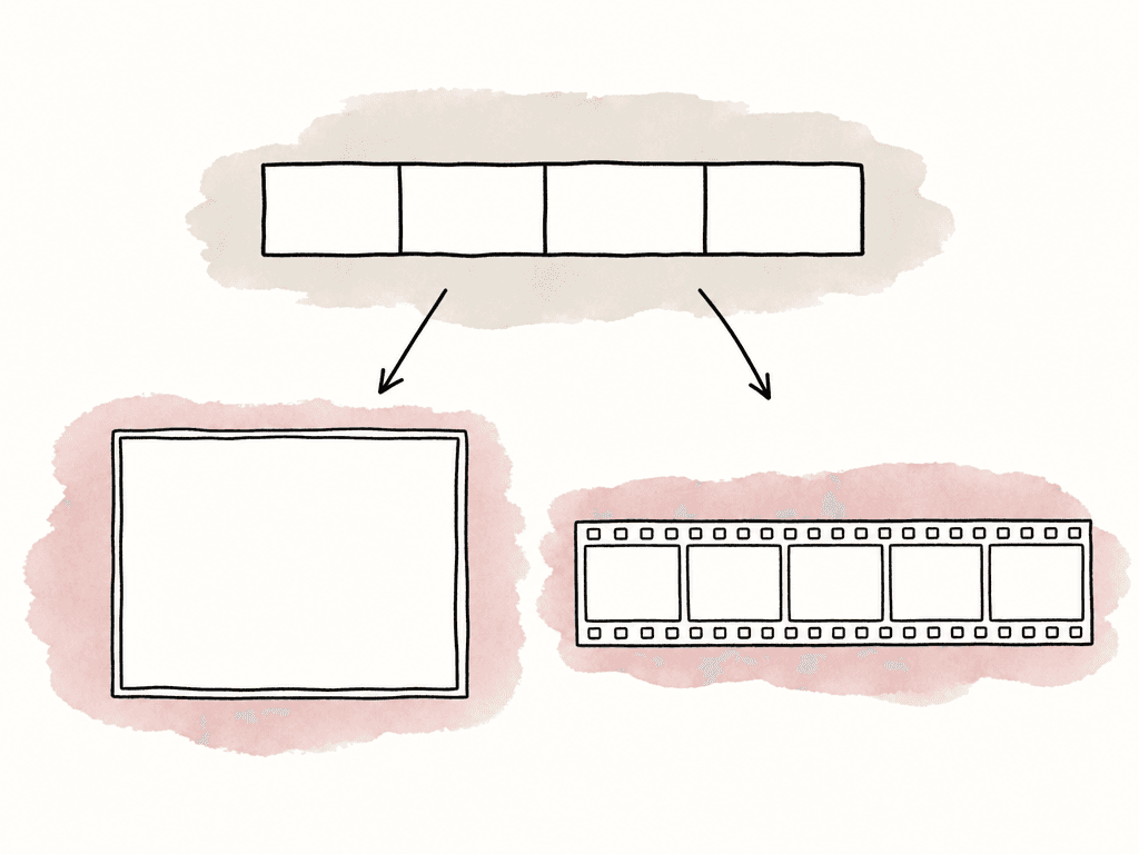 A central timeline branches with arrows to different output shapes, suggesting separate renders for different delivery purposes.