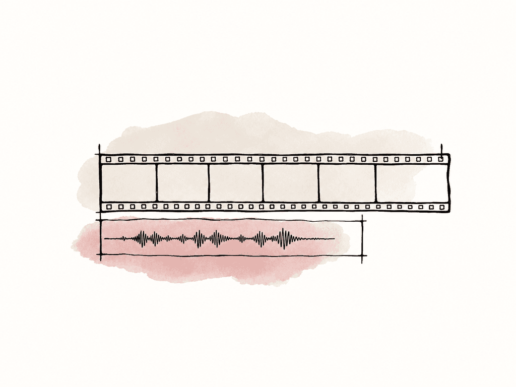 A stretched filmstrip extends past the end of a matching audio waveform, showing sync drift.