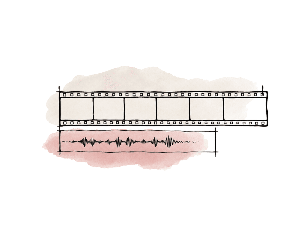 A stretched filmstrip extends past the end of a matching audio waveform, showing sync drift.
