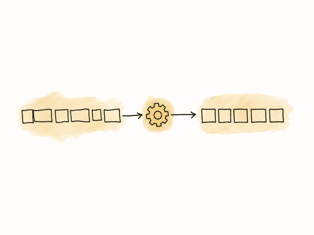 An uneven strip of frames is converted through a gear icon into an evenly spaced frame strip.