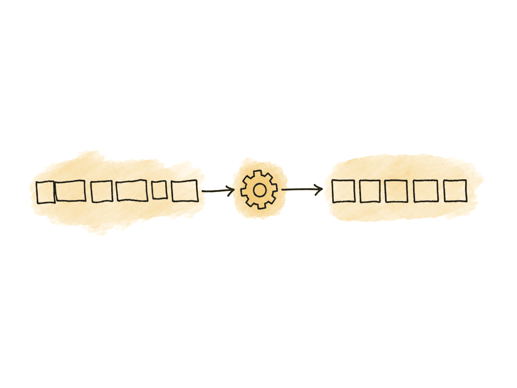 An uneven strip of frames is converted through a gear icon into an evenly spaced frame strip.