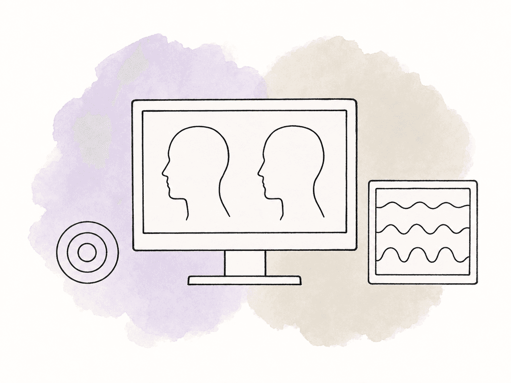 A sketched reference monitor showing two face silhouettes sits beside an abstract waveform scope, suggesting visual and measurable color matching.