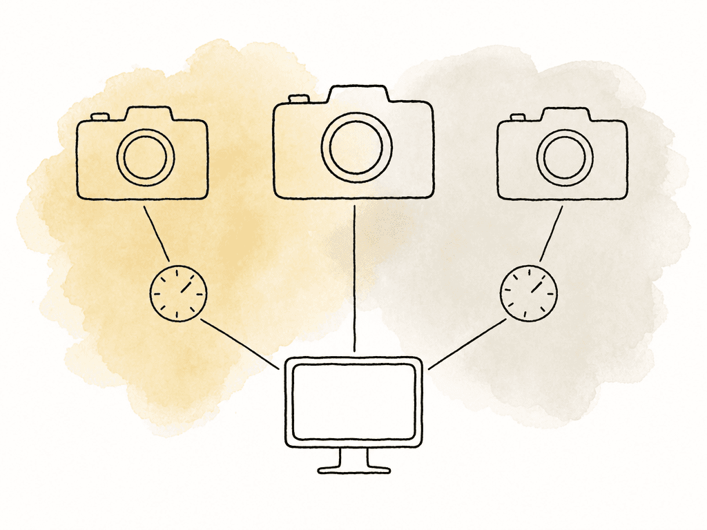 Three sketched cameras feed into one monitor, with the side cameras passing through small adjustment dials to suggest matching them to a reference camera.