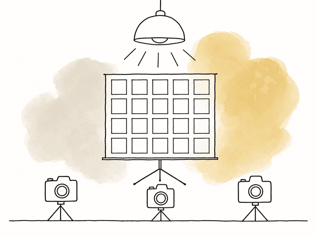 Several sketched cameras point at one color chart lit by the same overhead light.