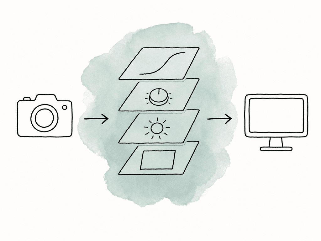 A sketched camera feeds through a stack of four separate processing layers before reaching a monitor.