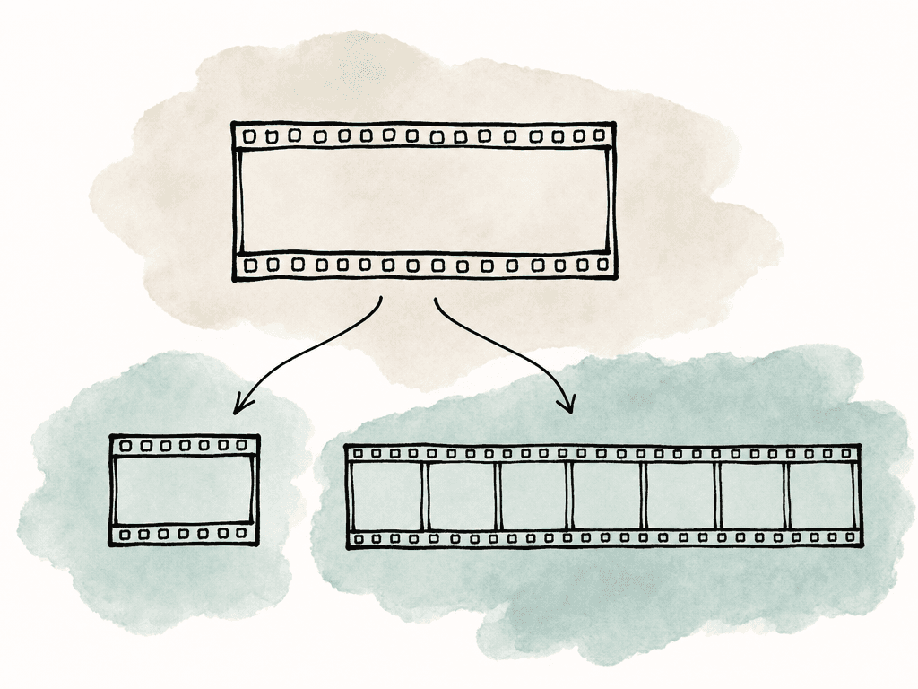 A single filmstrip branches into a short timeline strip and a much longer timeline strip, showing real-time versus slow-motion playback choices.