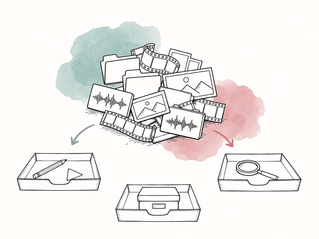 A mixed pile of media files is sorted into three containers marked visually by editing, search, and storage icons.