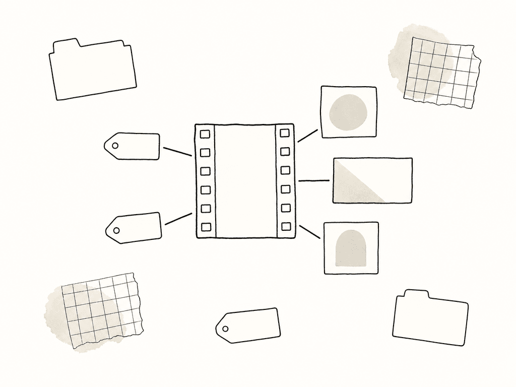 A video file has blank tags and property cards attached, while loose folder scraps and tags sit disconnected nearby.