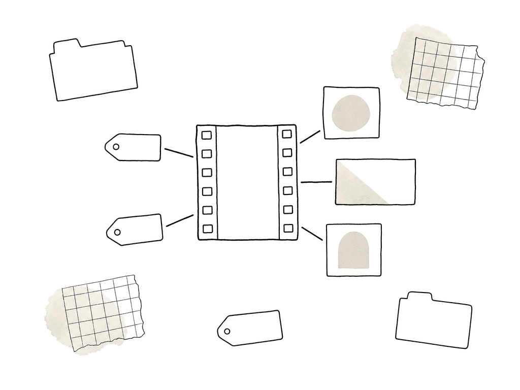 A video file has blank tags and property cards attached, while loose folder scraps and tags sit disconnected nearby.