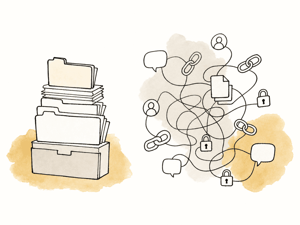 A neat stack of files sits beside a tangled cluster of links, comments, users, locks, and version layers.