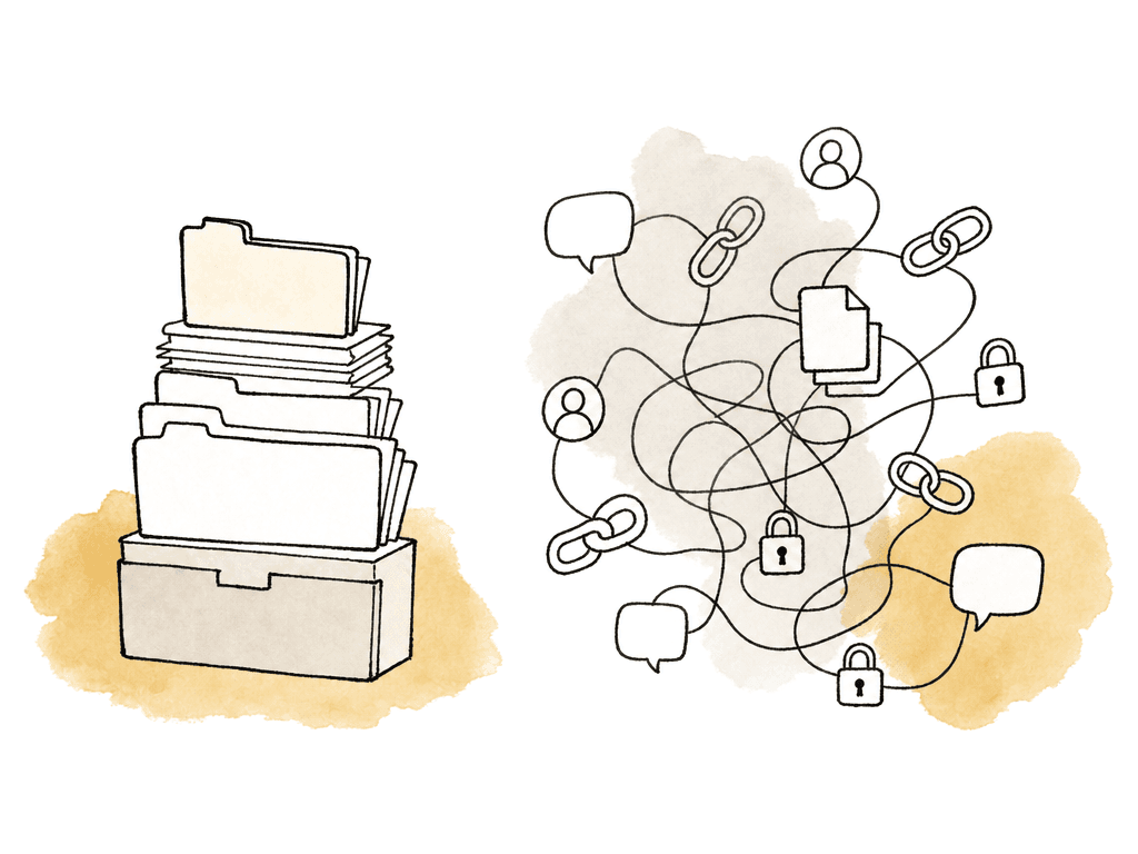 A neat stack of files sits beside a tangled cluster of links, comments, users, locks, and version layers.