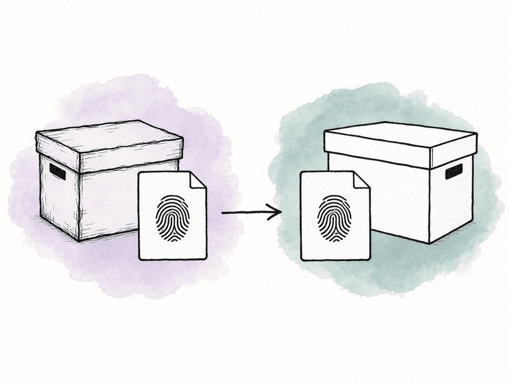 A source file with a fingerprint mark is copied to a matching file beside a new storage box.