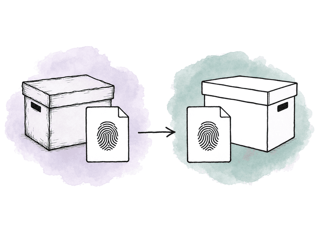 A source file with a fingerprint mark is copied to a matching file beside a new storage box.
