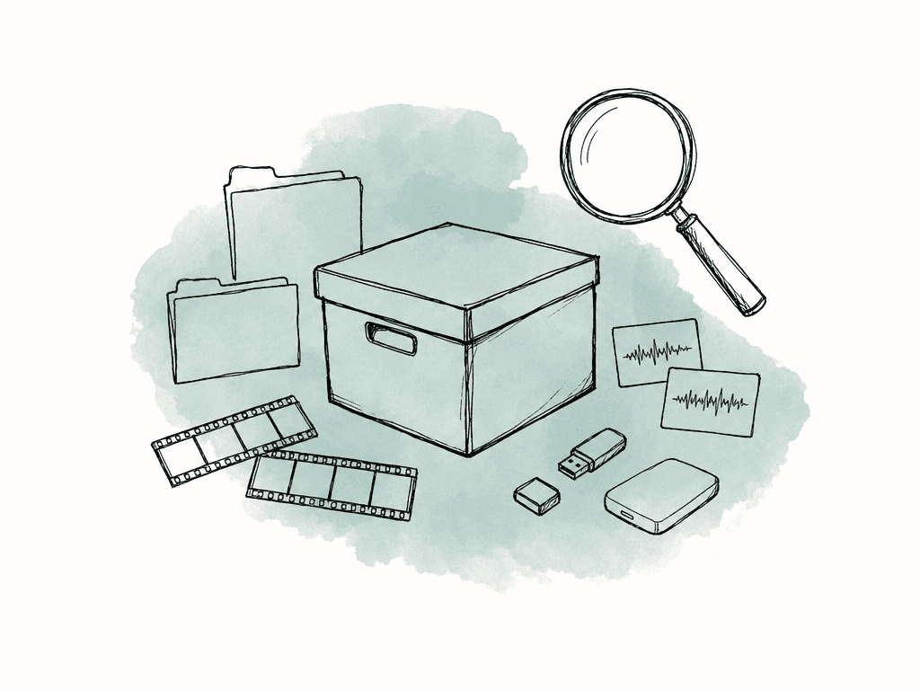 A hand drawn storage box surrounded by folders, media strips, audio cards, loose drives, and a magnifying glass.