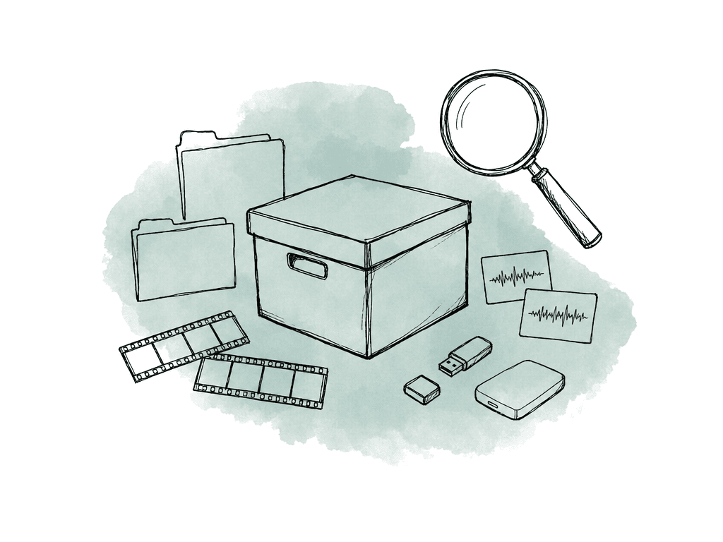 A hand drawn storage box surrounded by folders, media strips, audio cards, loose drives, and a magnifying glass.