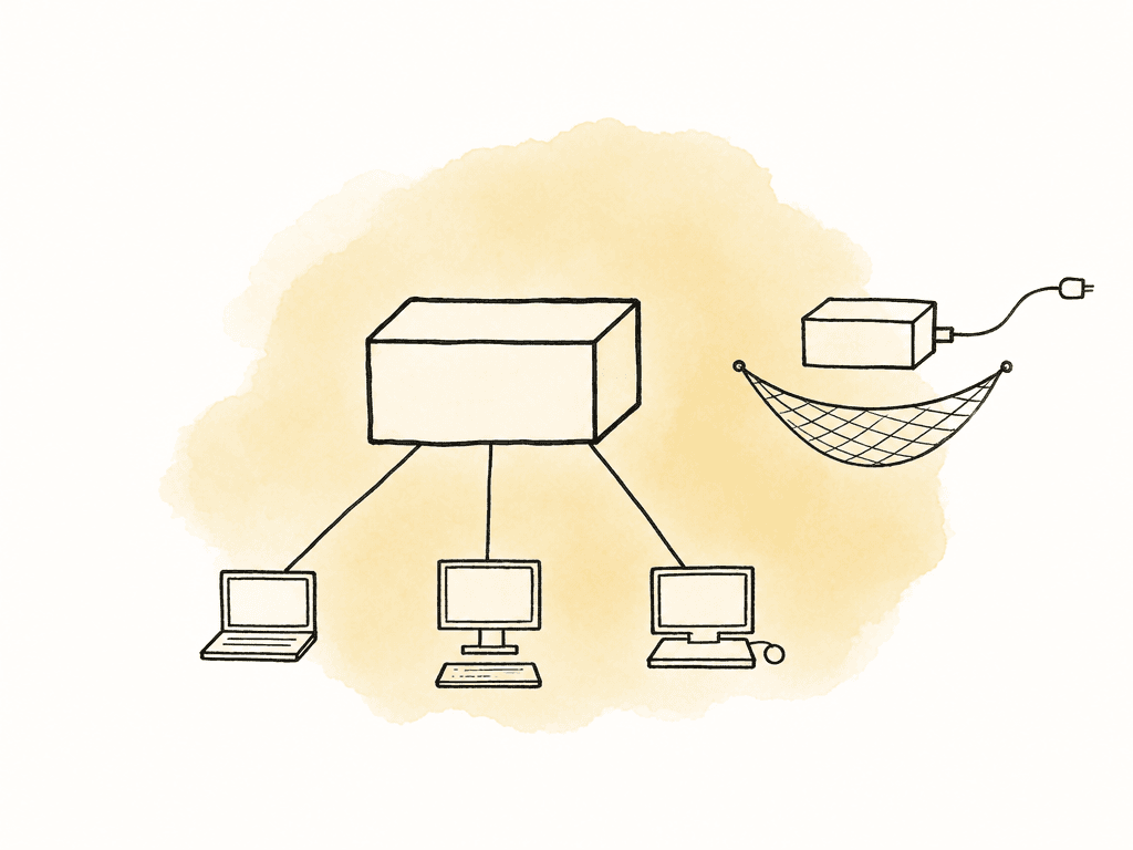 A new storage box serves workstations while the old storage box remains nearby protected by a safety net.