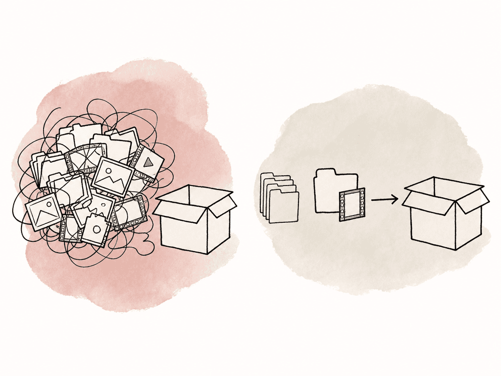 A tangled group of media folders moves toward new storage on one side, while a single folder moves cleanly on the other side.