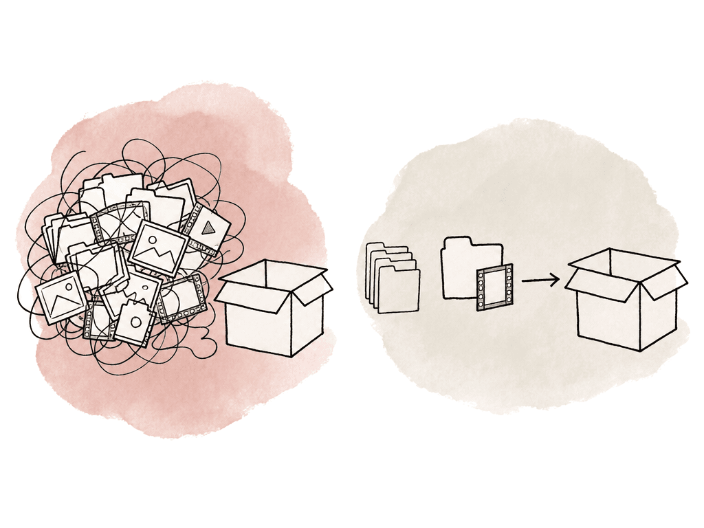 A tangled group of media folders moves toward new storage on one side, while a single folder moves cleanly on the other side.
