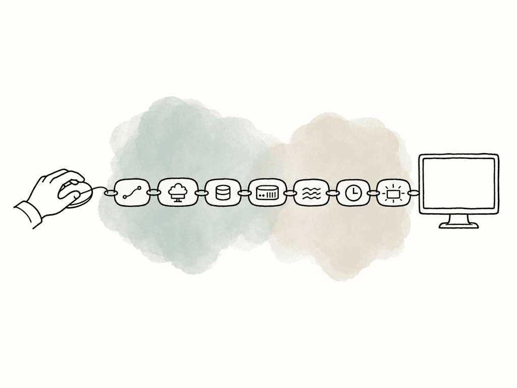 Hand-drawn chain of icons showing mouse input traveling through network, cloud workstation, storage, encoding, return stream, and local display.