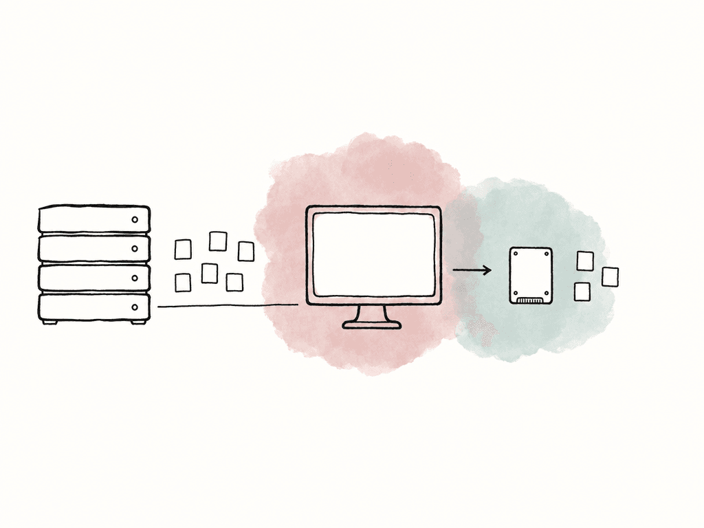 Hand-drawn diagram of a cloud workstation using a nearby SSD cache while connected to a larger shared storage stack farther away.