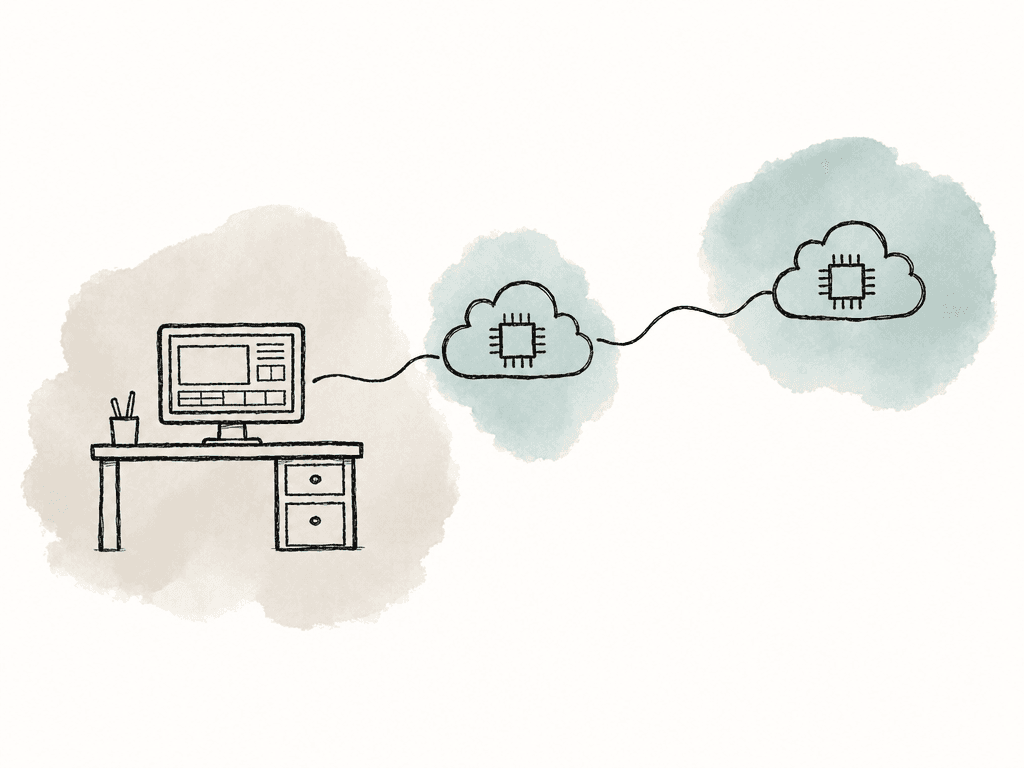 Simple doodle comparing an editor connected to a nearby cloud workstation by a short line and a distant workstation by a long wavy line.
