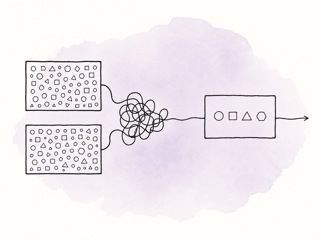 Doodle comparing a complex dual-monitor remote session with a tangled stream to a simpler single-monitor session with a smooth stream.