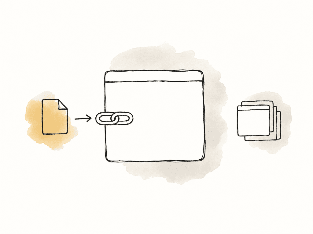 A browser window receives a file through a chain link while separate app-like shapes sit off to the side.