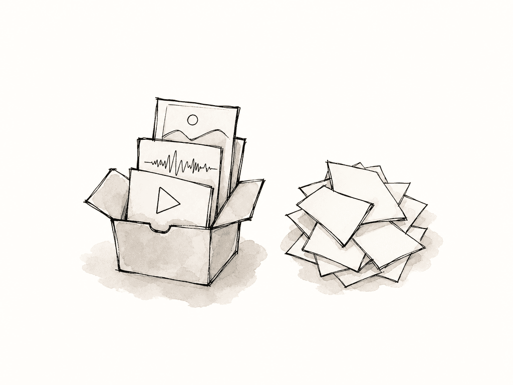 An organized file package sits beside a messy pile of loose file icons.