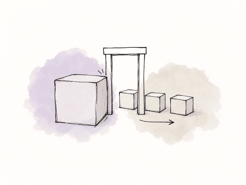 A large box is stuck at a narrow opening while several smaller boxes pass through it.