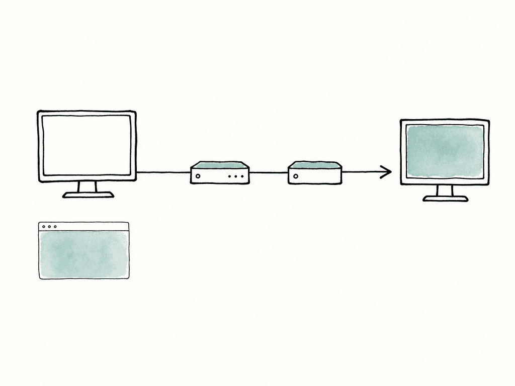 Simple diagram showing a workstation feeding an output card, LUT box, and reference monitor while the desktop viewer path is avoided.