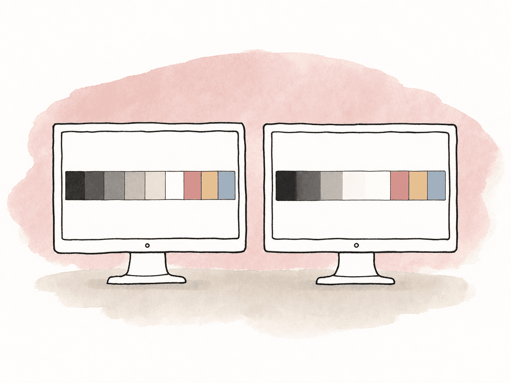 Two monitors showing the same test pattern, one with clear grayscale steps and one with crushed shadows and clipped highlights.