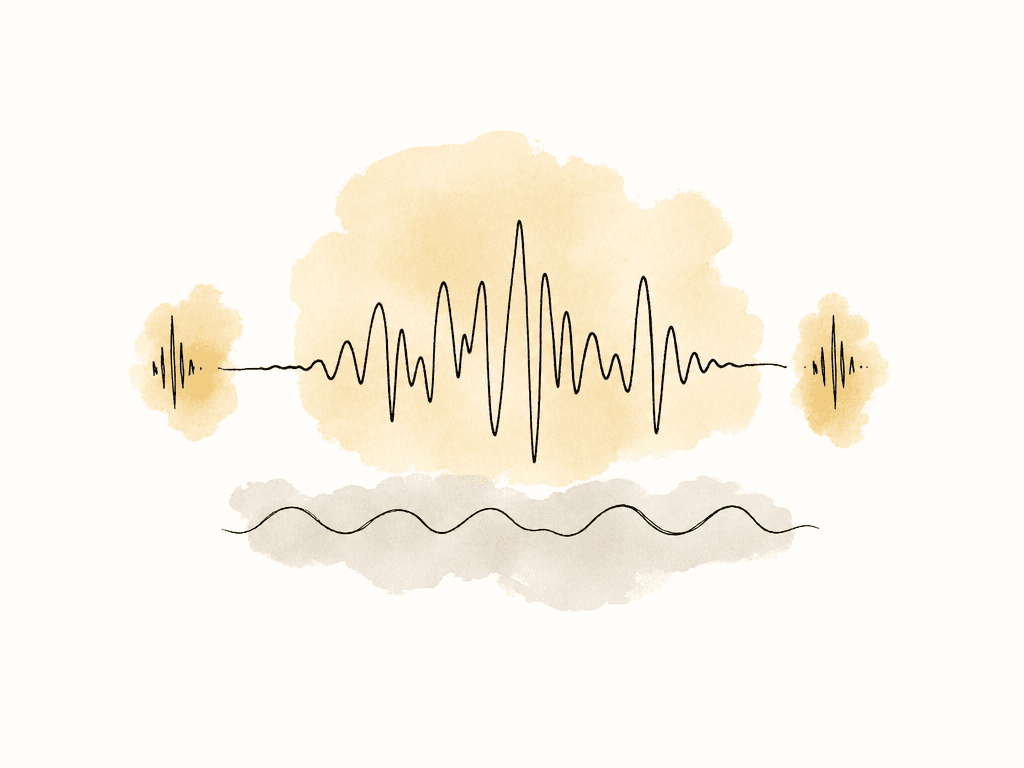 A large central audio waveform is supported by smaller music-like waves and effect spikes, suggesting dialogue leading the mix.